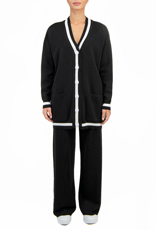 Кардиган вовняний чорний з контрастним білим кантом