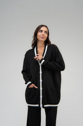 Кардиган вовняний чорний з контрастним білим кантом