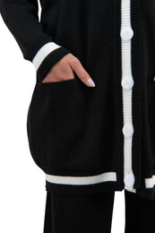 Кардиган вовняний чорний з контрастним білим кантом