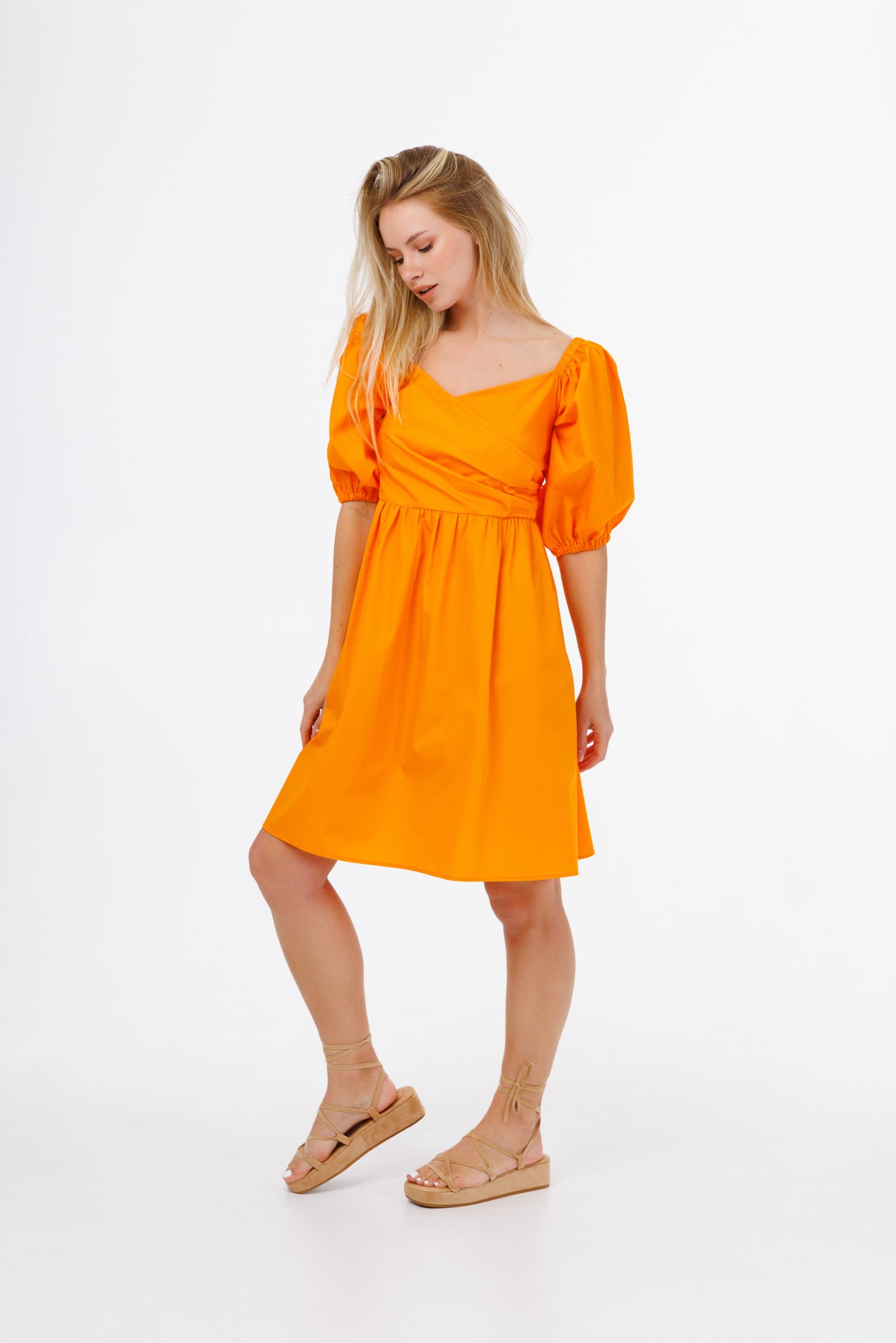 Сукня бавовняна з об’ємними рукавами помаранчева
