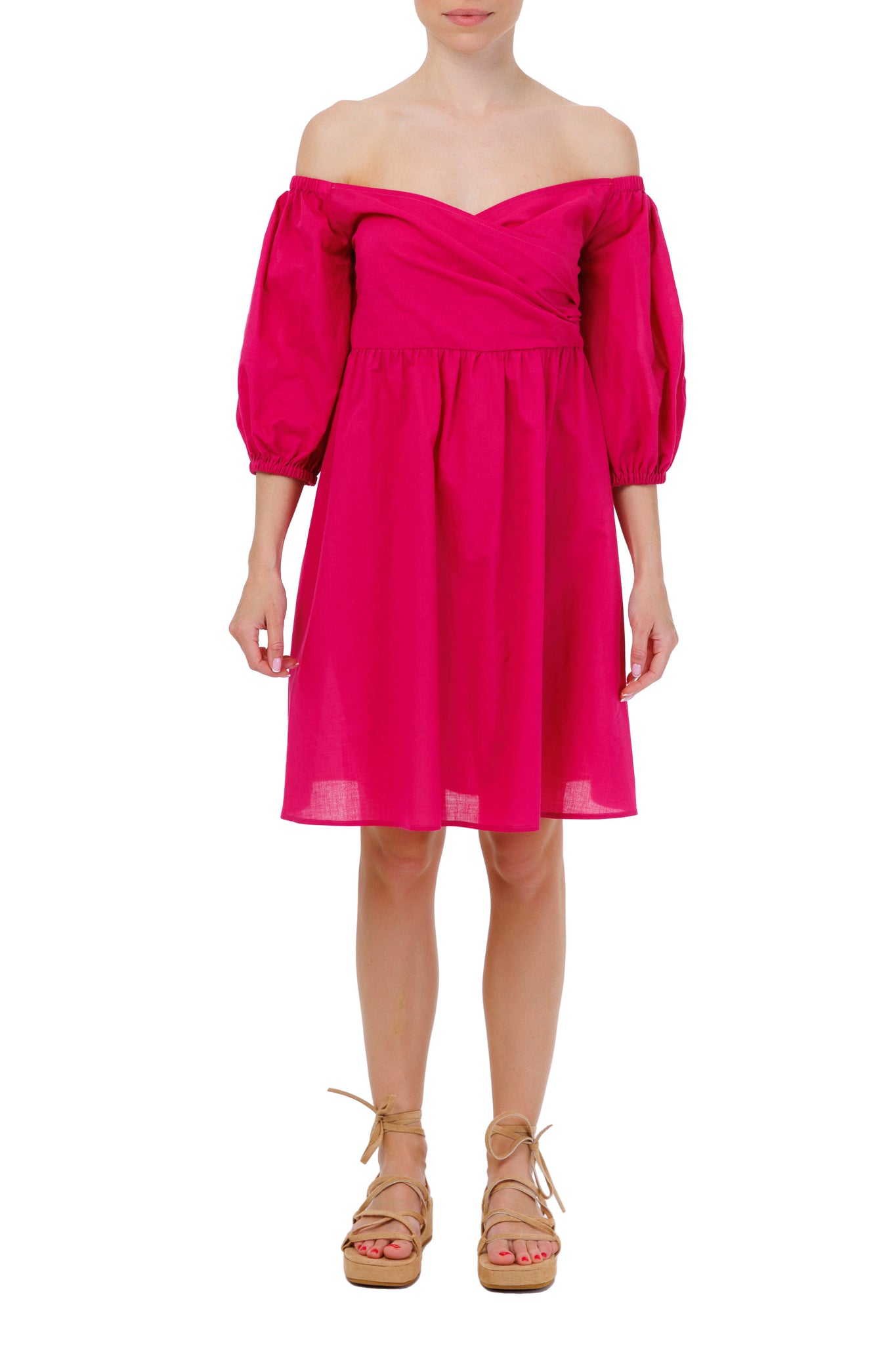 Сукня бавовняна з об’ємними рукавами рожева